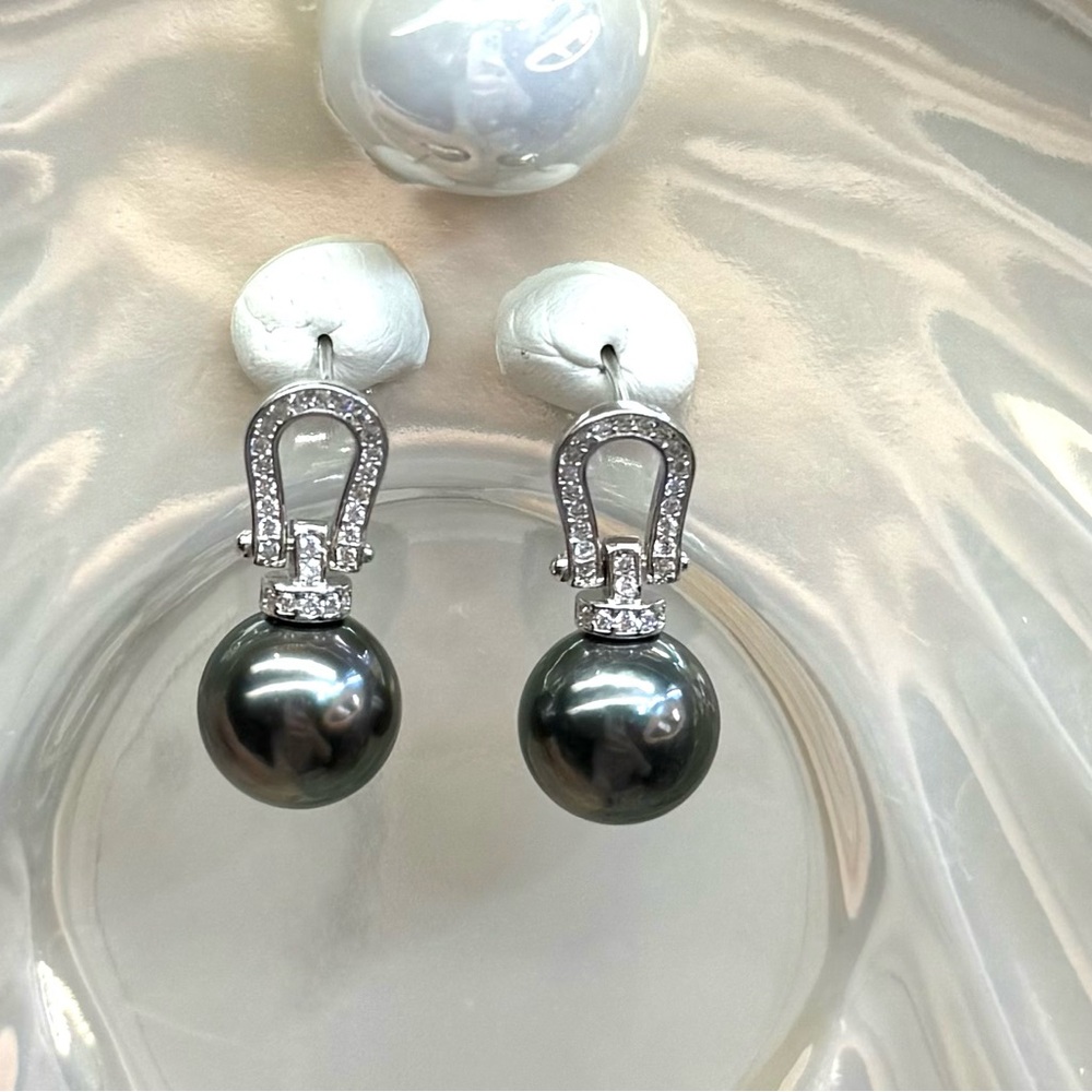 EPT16 Australian Tahitian Charcoal 10-11mm Pearl Horseshoe Earrings 18K WG S925 - Picture 4 of 16